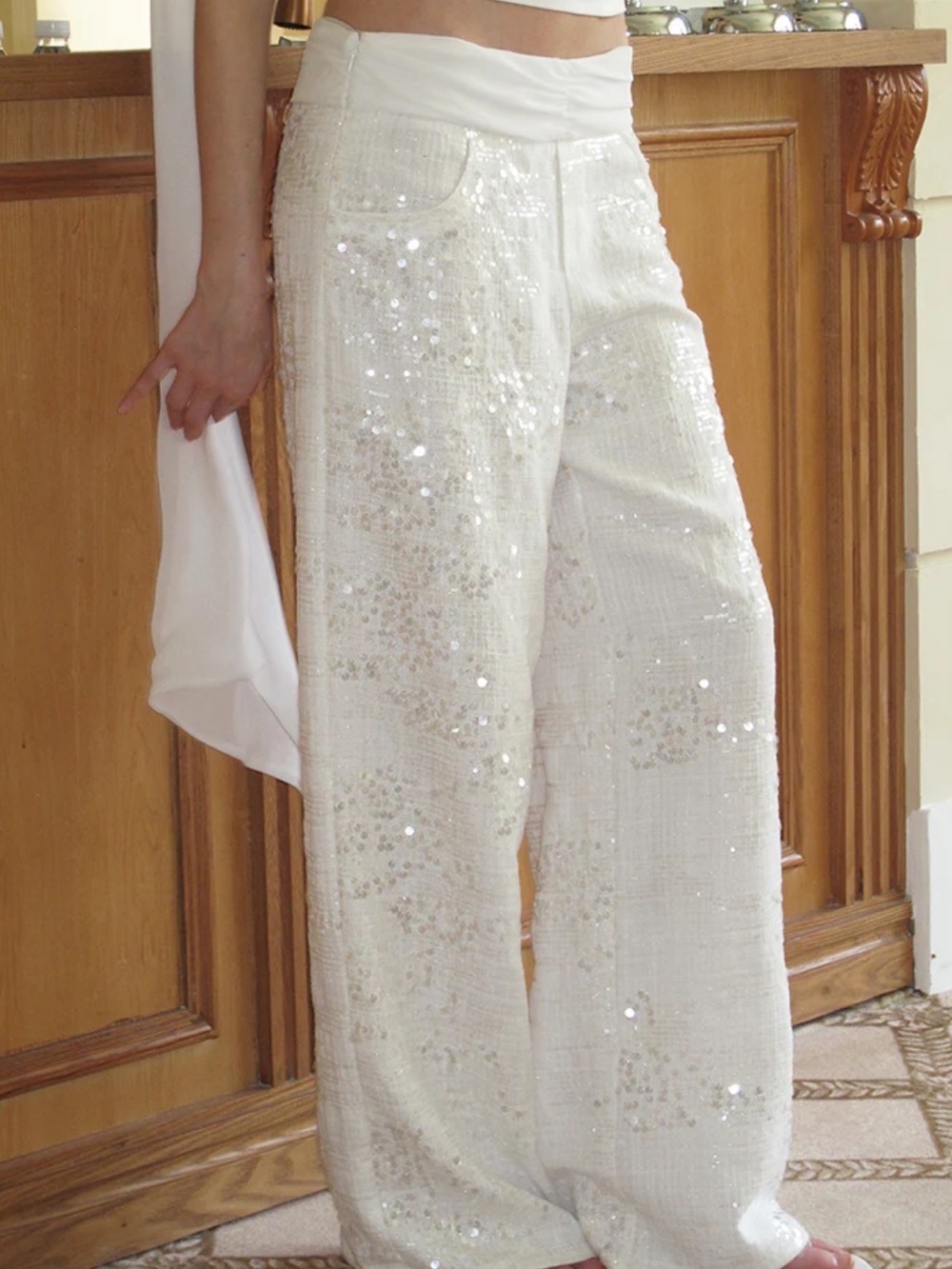 J THECHOSEN WHITE SEQUIN LINEN CHIFFON PANTS